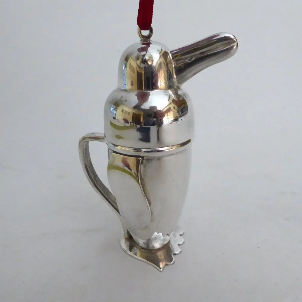 NEW 4.5” RESTORATION HARDWARE PENGUIN SILVER COCKTAIL SHAKER CHRISTMAS ORNAMENT